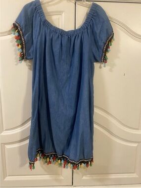 Blue Off-Shoulder Mini Dress with Multicolor Tassel Trim